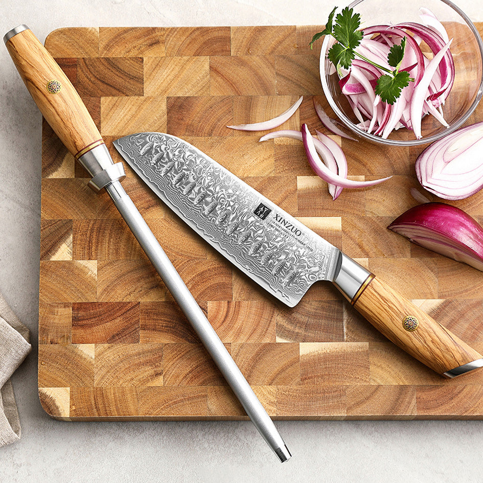 Knife Set with Damascus Steel and Olive Wood - Green Grill