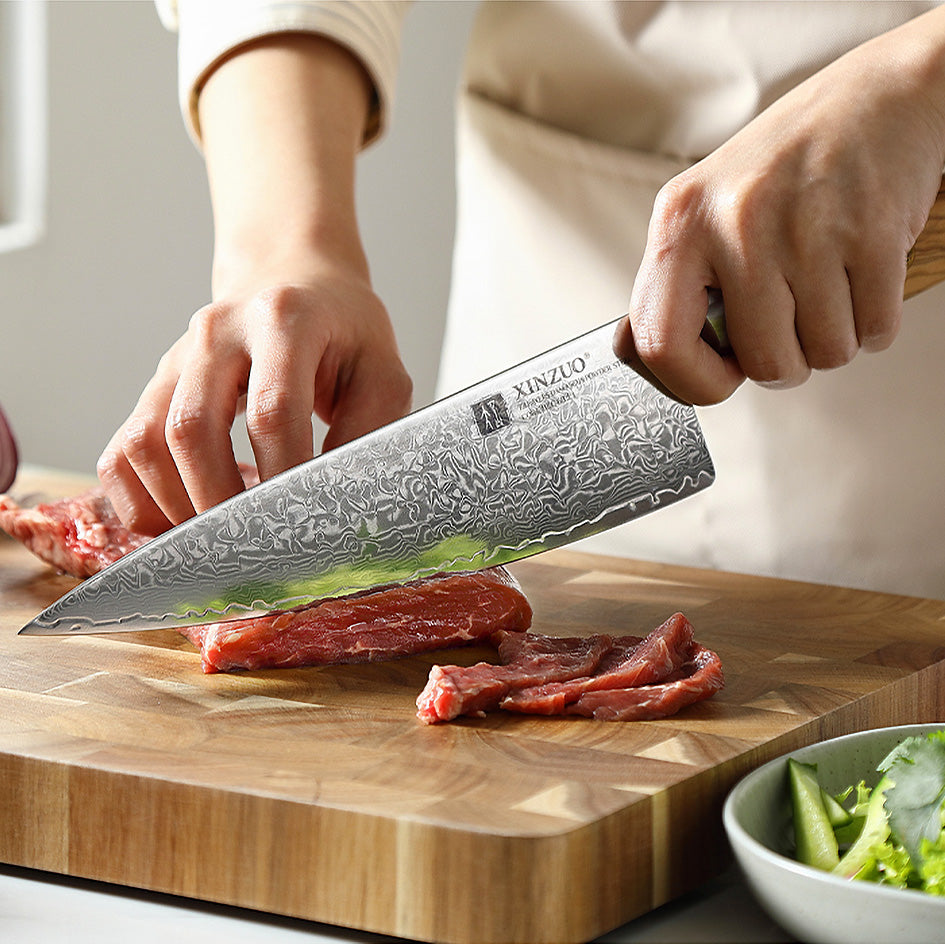 Knife Set with Damascus Steel and Olive Wood - Green Grill