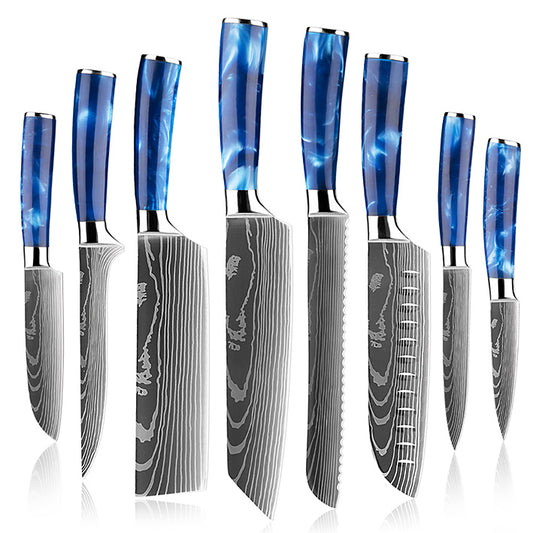 Complete set of Razor Sharp Kitchen Knives with Damascus-style blades and elegant blue resin handles, displayed against a white background.
