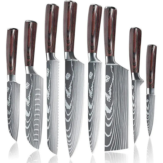 Japanese Knife Set - Samurai Premium 8 Knives Set with high-carbon stainless steel blades and ergonomic wooden handles for precise and durable cutting.