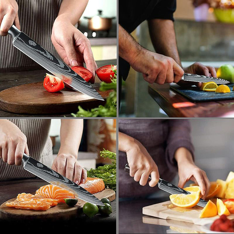 Japanese Knife Set - Samurai Premium Knives in action, slicing tomatoes, citrus fruits, salmon, and other ingredients with precision and ease.