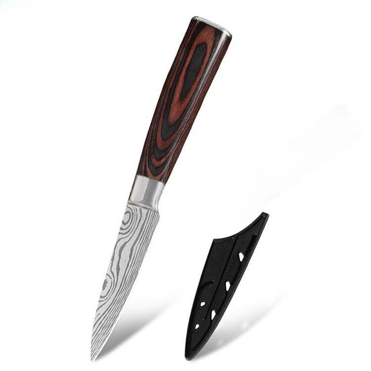 Japanese 3.5" Paring Knife with Damascus steel blade and ergonomic wooden handle. Includes protective sheath for safe storage.