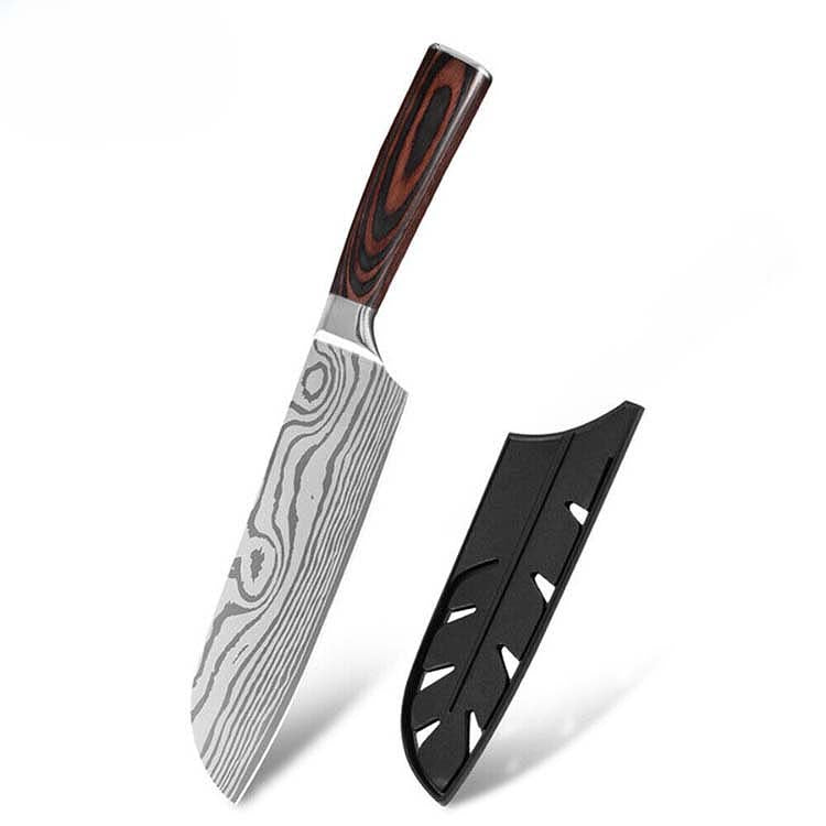Japanese 7" Santoku Knife with Damascus steel blade and ergonomic wooden handle. Includes protective sheath for safe storage.