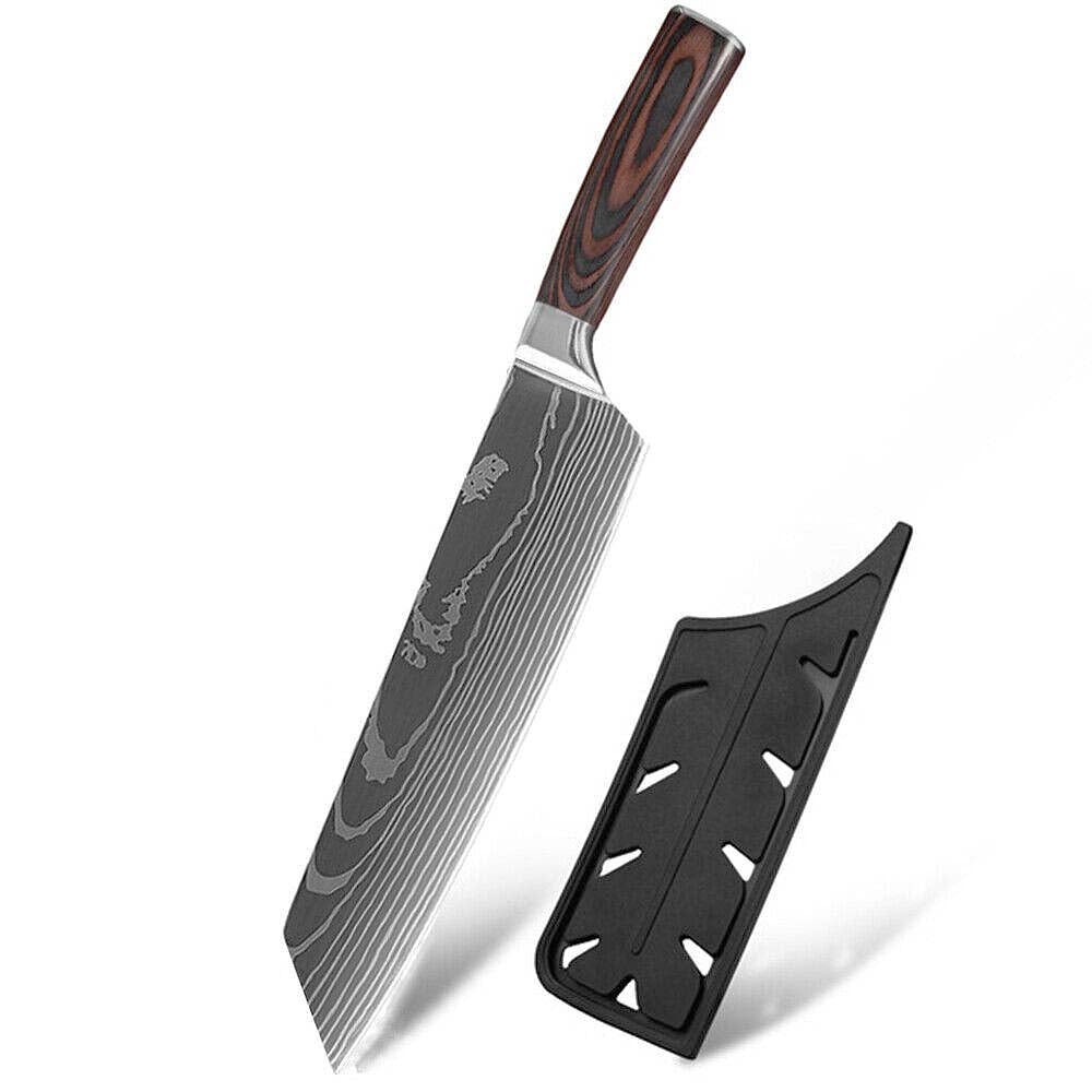 Japanese 8" Kiritsuke Knife with Damascus steel blade and ergonomic wooden handle. Includes protective sheath for safe storage.