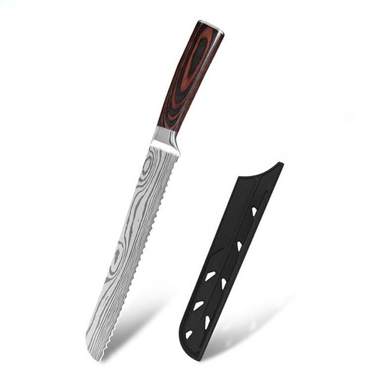Japanese 8"Bread Knife with Damascus steel blade and ergonomic wooden handle. Includes protective sheath for safe storage.