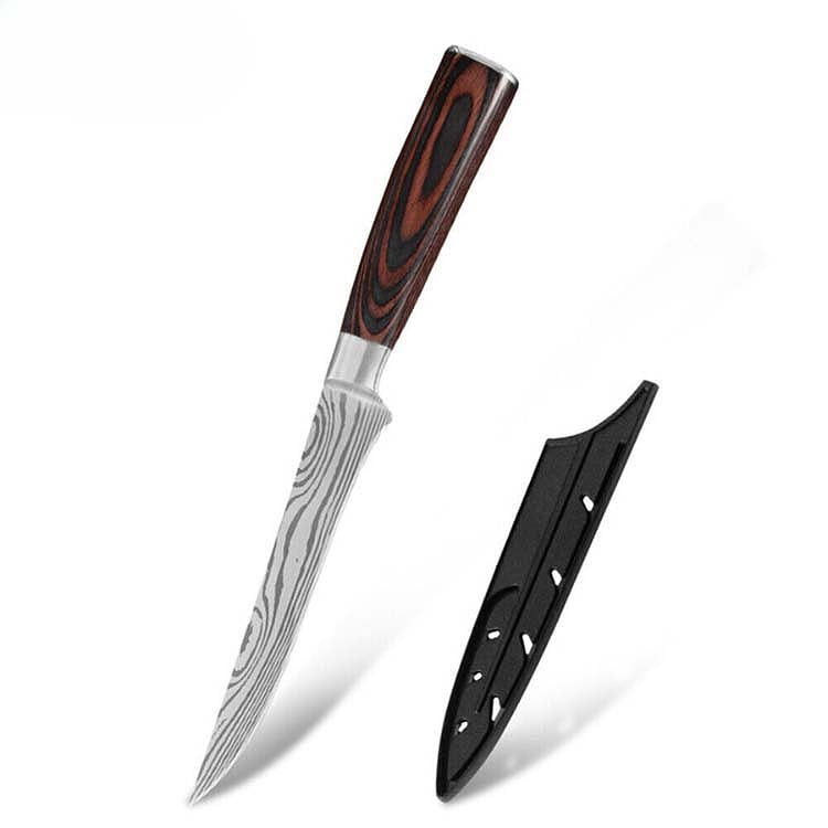 Japanese 6" Boning Knife with Damascus steel blade and ergonomic wooden handle. Includes protective sheath for safe storage.