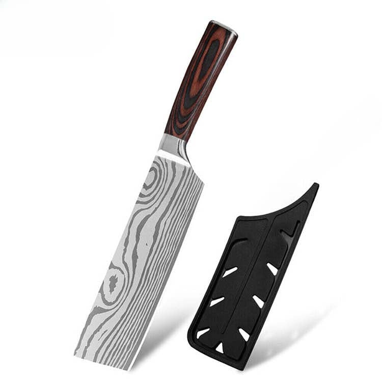 Japanese 7" Cleaver Knife with Damascus steel blade and ergonomic wooden handle. Includes protective sheath for safe storage.