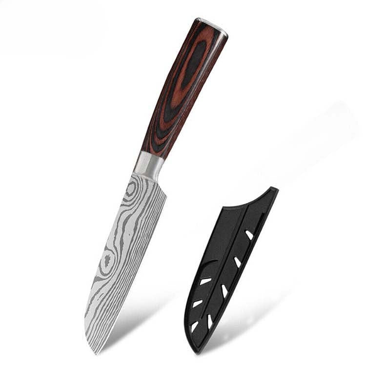 Japanese 5" Santoku Knife with Damascus steel blade and ergonomic wooden handle. Includes protective sheath for safe storage.
