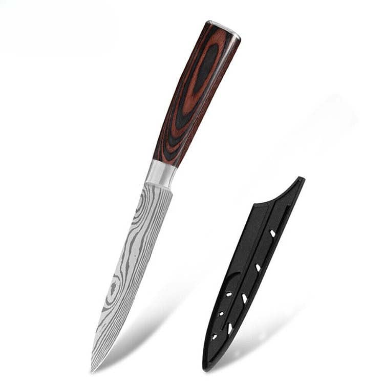 Japanese 5" Slicing Knife with Damascus steel blade and ergonomic wooden handle. Includes protective sheath for safe storage.