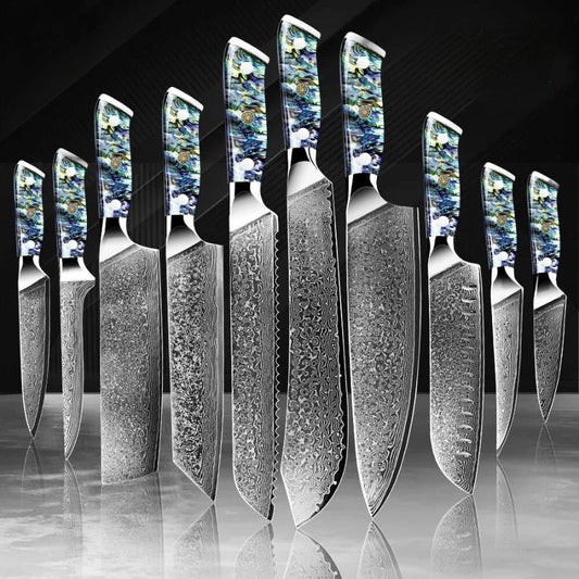 Green Grill Supreme Sharp Damascus Knife Set – a premium collection of professional Japanese knives featuring 67-layer Damascus steel and stunning abalone shell handles for precision and elegance in every cut.