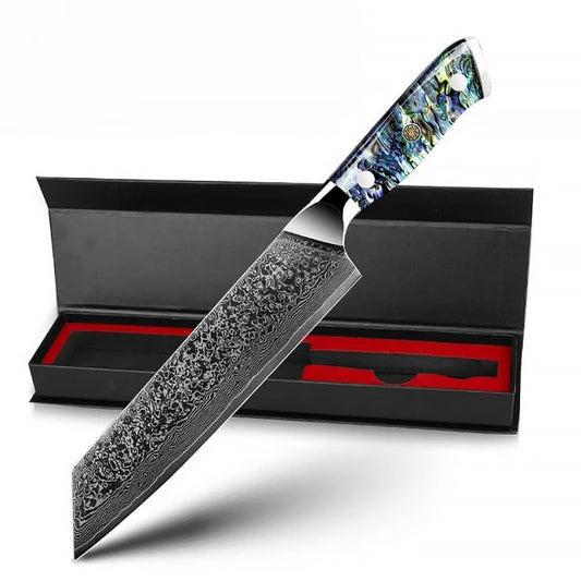 7.5-inch Kiritsuke knife made of Japanese Damascus steel with an abalone shell handle, presented in a luxury black gift box. Designed for precision cutting and professional performance.