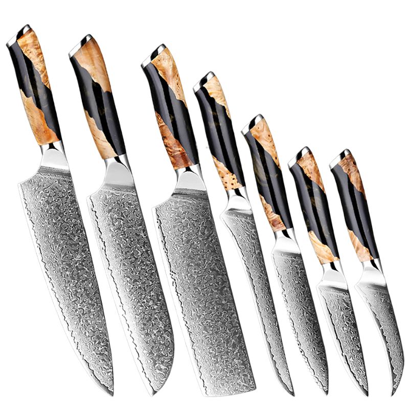 VG10 Damascus knife set featuring Damascus steel blades and ergonomic wooden handles, arranged in a row to showcase the elegant design.
