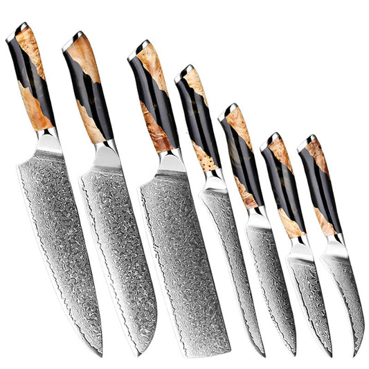 VG10 Damascus knife set featuring Damascus steel blades and ergonomic wooden handles, arranged in a row to showcase the elegant design.