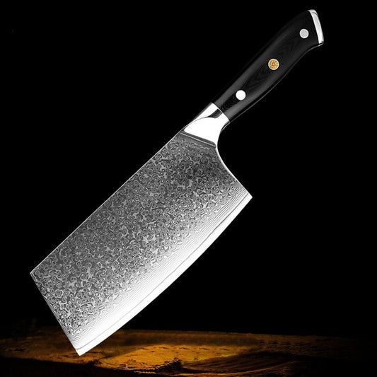 Kitchen Knives Professional Damascus Cleaver – Premium Damascus steel cleaver knife with a black G10 handle, designed for precise meat and vegetable chopping.
