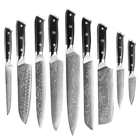 Professional Damascus Kitchen Knife Set – A premium collection of 9 high-quality Damascus steel knives with ergonomic black handles, crafted for precision and durability.