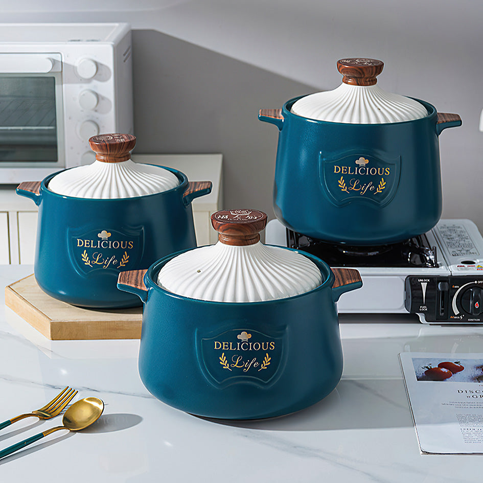 Ceramic Casserole Soup Pot - slow cook pot for hearty soups and stews - Green Grill