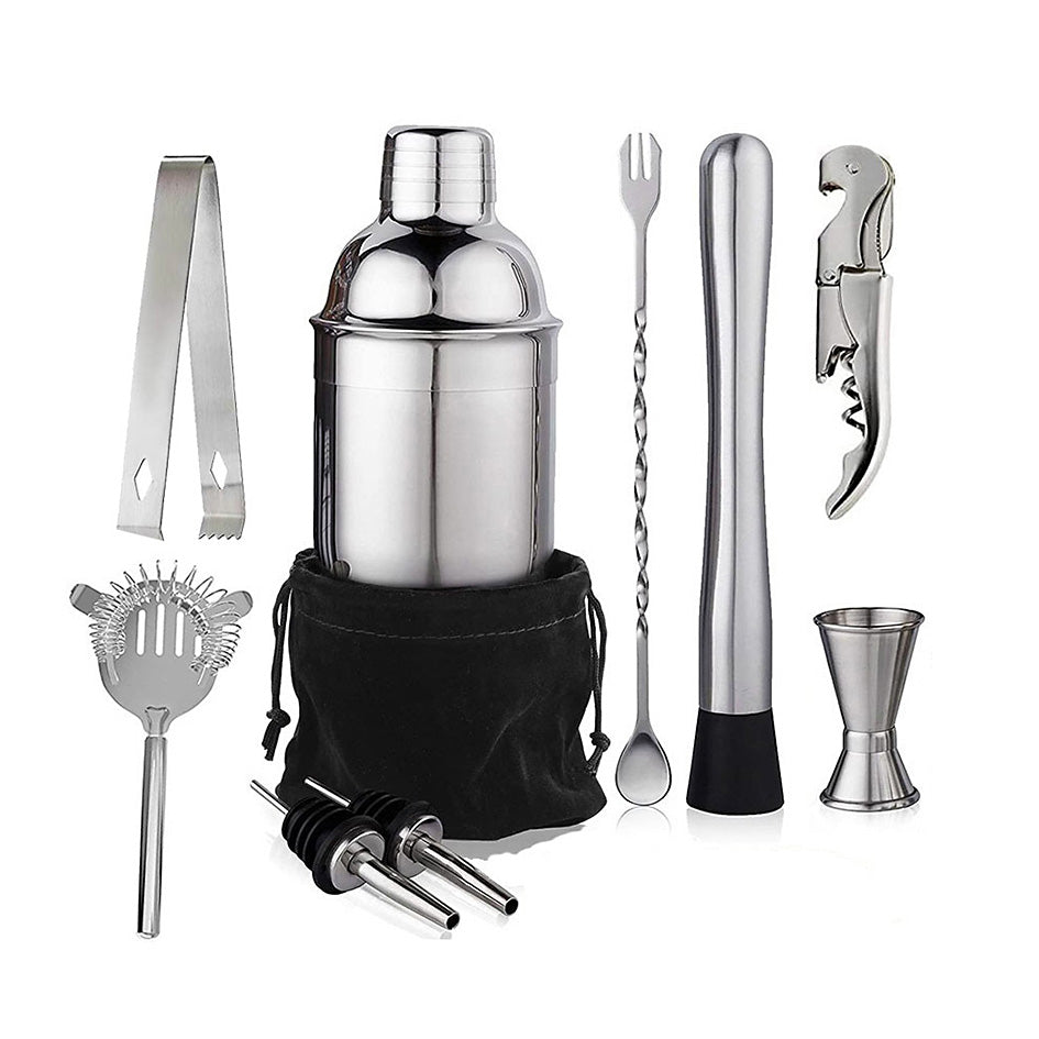 Cocktail Shaker Set 10 pcs - professional bartender kit in stainless steel - Green Grill