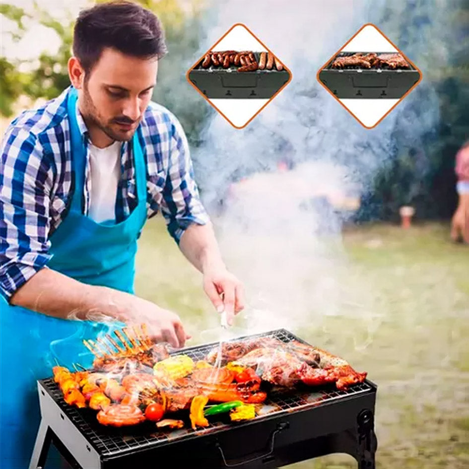 Portable BBQ Grill in use outdoors - ideal for camping and backyard grilling - Green Grill
