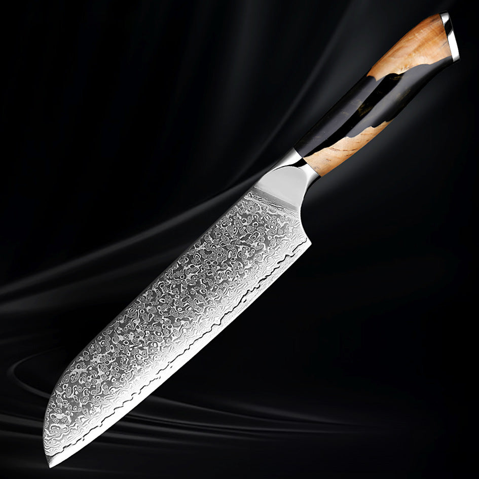7-inch VG10 Damascus santoku knife with a razor-sharp patterned blade and an elegant black and woodgrain handle, set against a dark background.