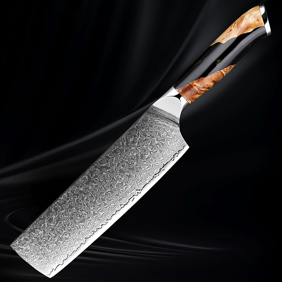 3.5-inch VG10 Damascus Nakiri knife with a razor-sharp patterned blade and an elegant black and woodgrain handle, set against a dark background.
