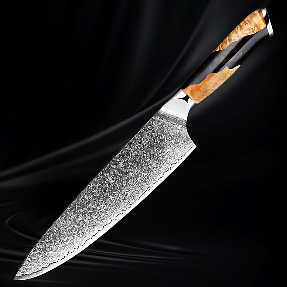 8-inch VG10 Damascus chef knife with a razor-sharp patterned blade and an elegant black and woodgrain handle, set against a dark background.