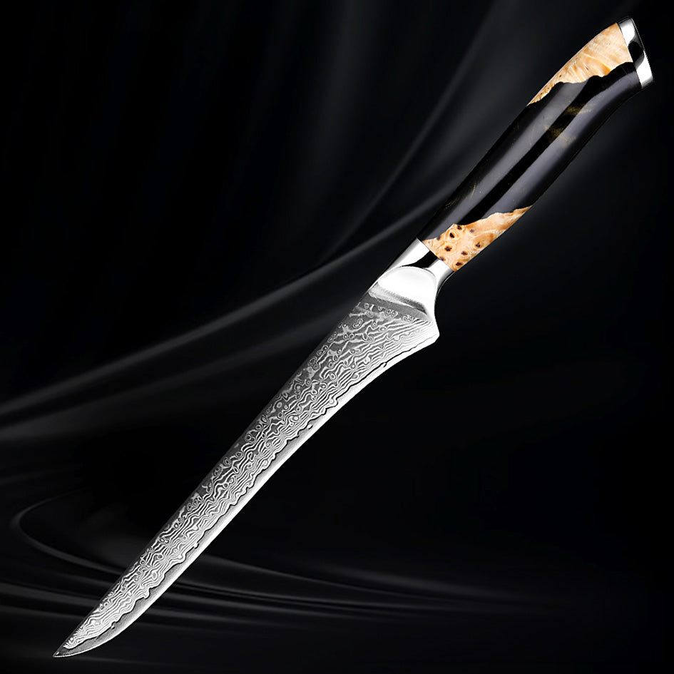 6-inch VG10 Damascus boning knife with a razor-sharp patterned blade and an elegant black and woodgrain handle, set against a dark background.