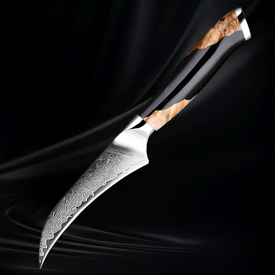 3.5-inch VG10 Damascus paring knife with a razor-sharp patterned blade and an elegant black and woodgrain handle, set against a dark background.