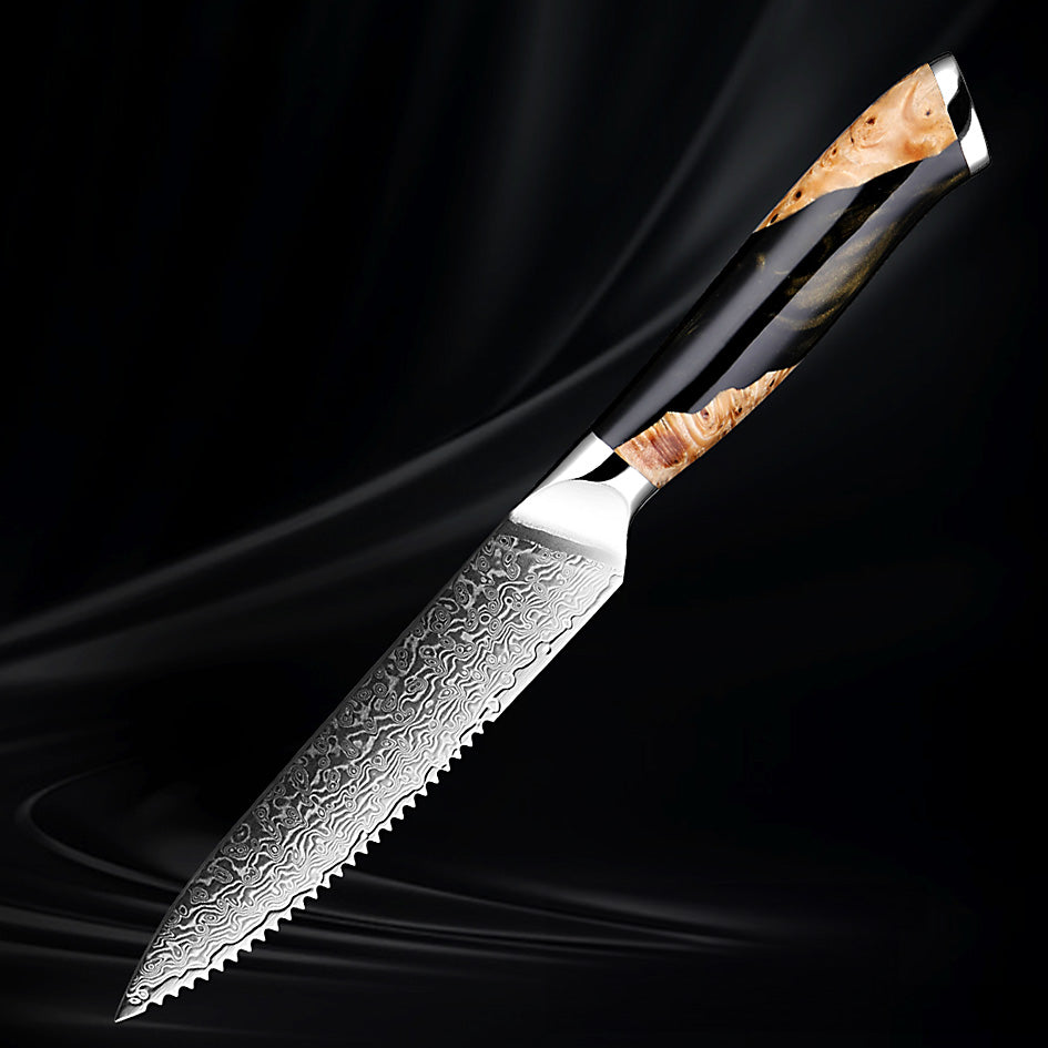 5-inch VG10 Damascus steak knife with a razor-sharp patterned blade and an elegant black and woodgrain handle, set against a dark background.