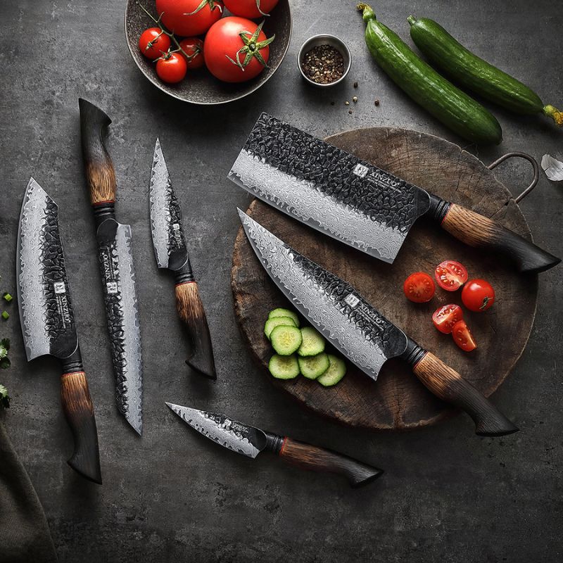 Black Damascus Kitchen Knife Set with Oak Handles