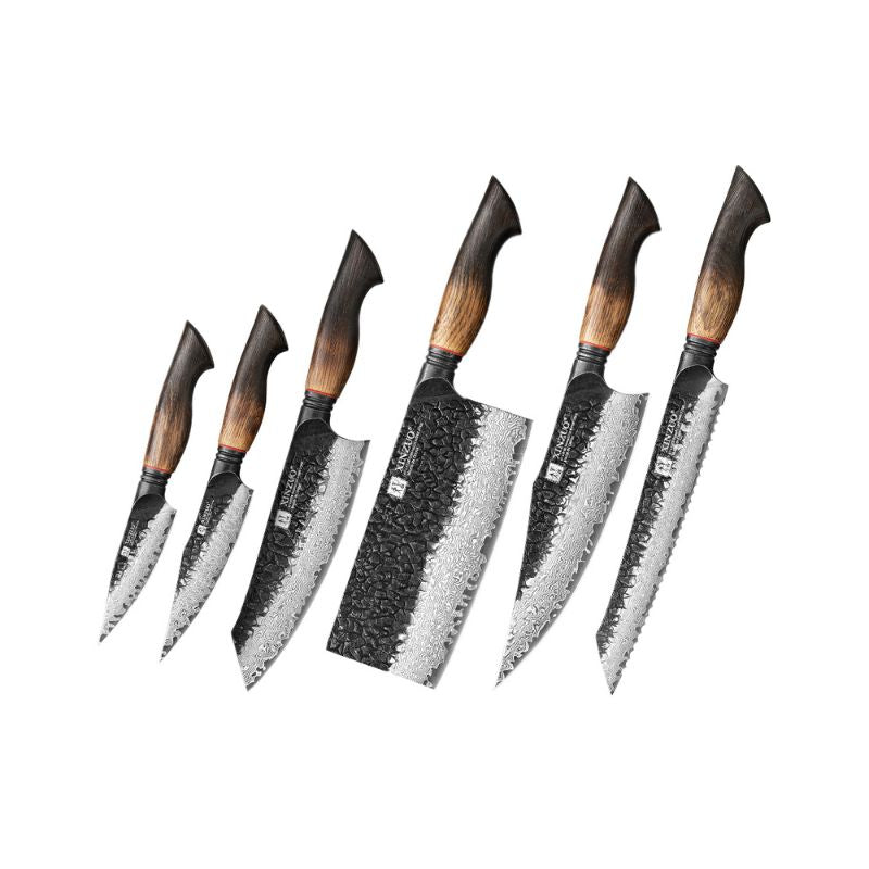 Black Damascus Kitchen Knife Set with Oak Handles