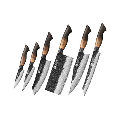 Black Damascus Kitchen Knife Set with Oak Handles