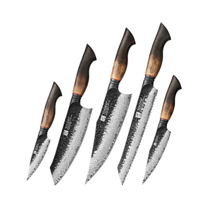 Black Damascus Kitchen Knife Set with Oak Handles