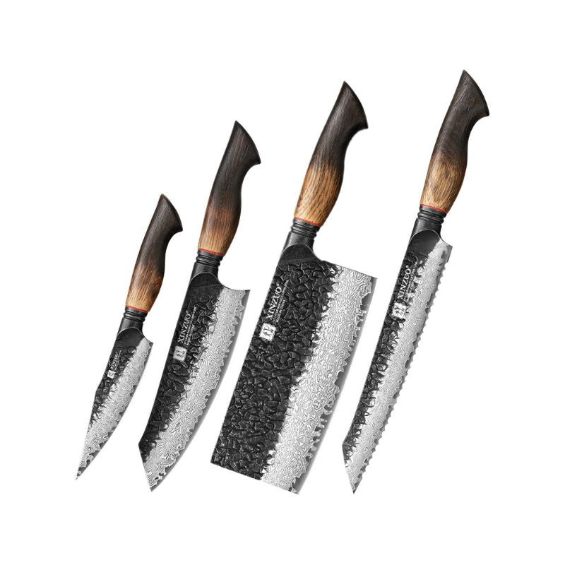 Black Damascus Kitchen Knife Set with Oak Handles