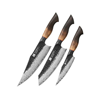 Black Damascus Kitchen Knife Set with Oak Handles