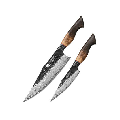 Black Damascus Kitchen Knife Set with Oak Handles