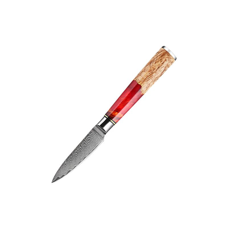 Ember 3.5-inch Damascus Paring Knife with red resin and natural wood handle