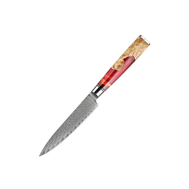 Ember 5-inch Damascus Utility Knife with red resin and natural wood handle