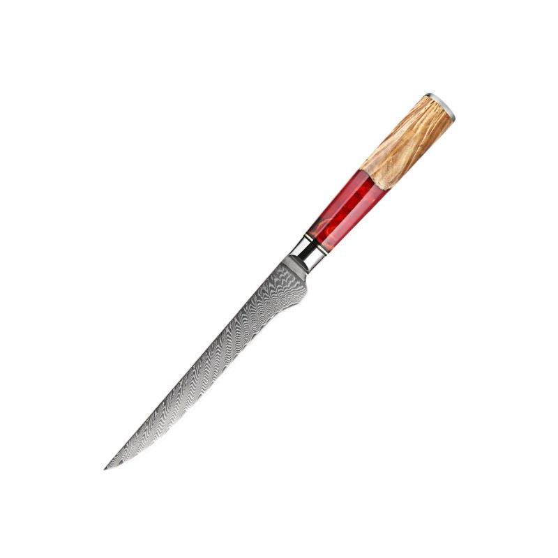 Ember 6-inch Damascus Boning Knife with red resin and natural wood handle