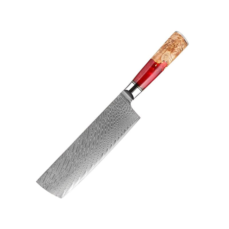 Ember 7-inch Damascus Nakiri Knife with red resin and natural wood handle