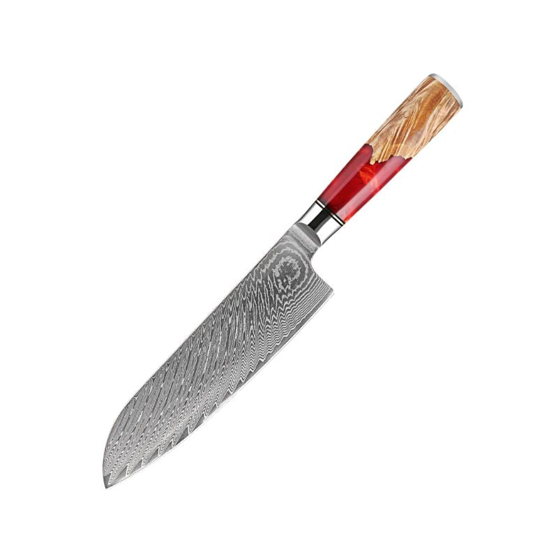Ember 7-inch Damascus Santoku Knife with red resin and natural wood handle