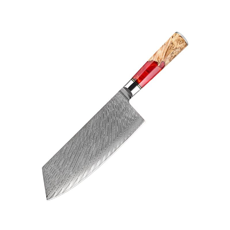 Ember 7.5-inch Damascus Cleaver Knife with red resin and natural wood handle