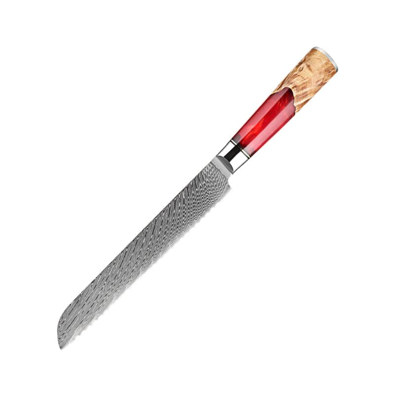 Ember 8-inch Damascus Bread Knife with red resin and natural wood handle