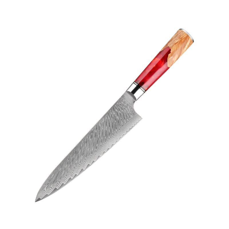 Ember 8-inch Damascus Chef Knife with red resin and natural wood handle