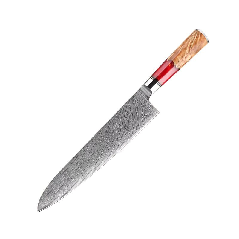 Ember 9.5-inch Damascus Chef Knife with red resin and natural wood handle