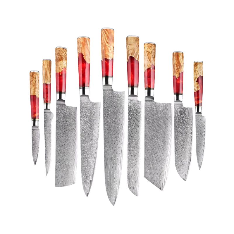 Ember 9-piece Damascus kitchen knife set with red resin and natural wood handles