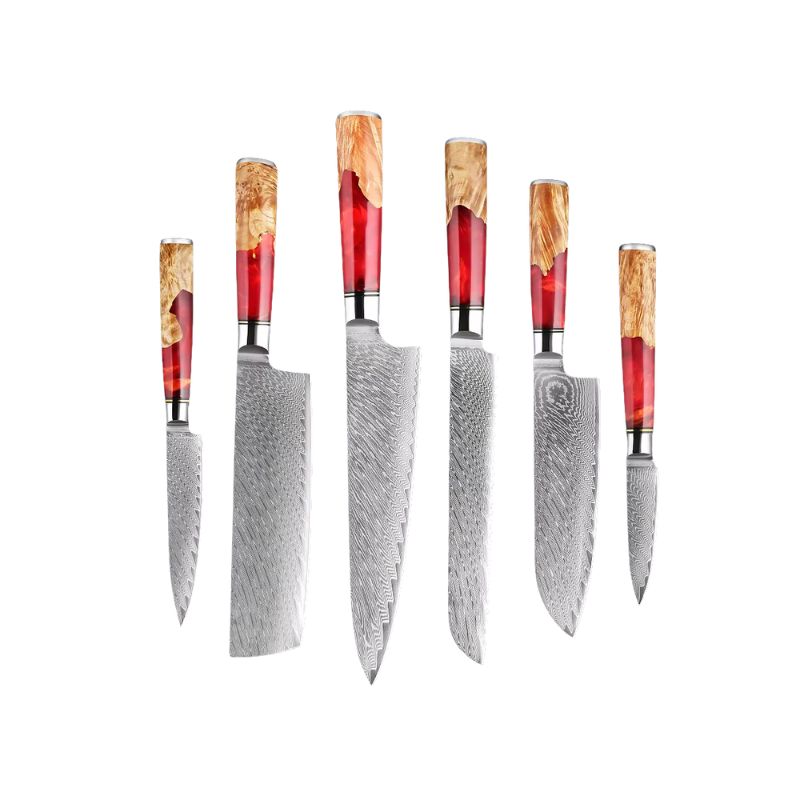 Ember 6-piece Damascus kitchen knife set with red resin and natural wood handles