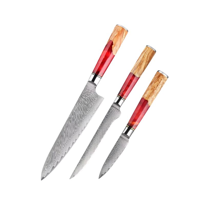 Ember 3-piece Damascus kitchen knife set with red resin and natural wood handles
