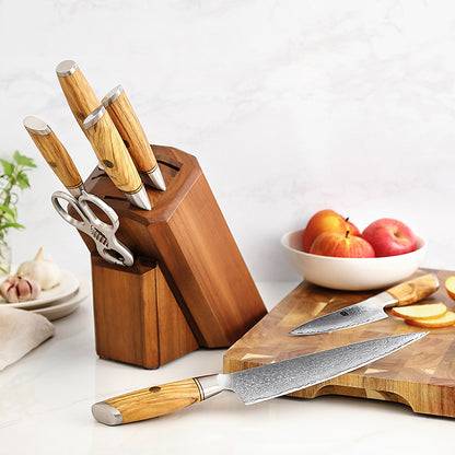 Knife Set with Damascus Steel and Olive Wood - Green Grill