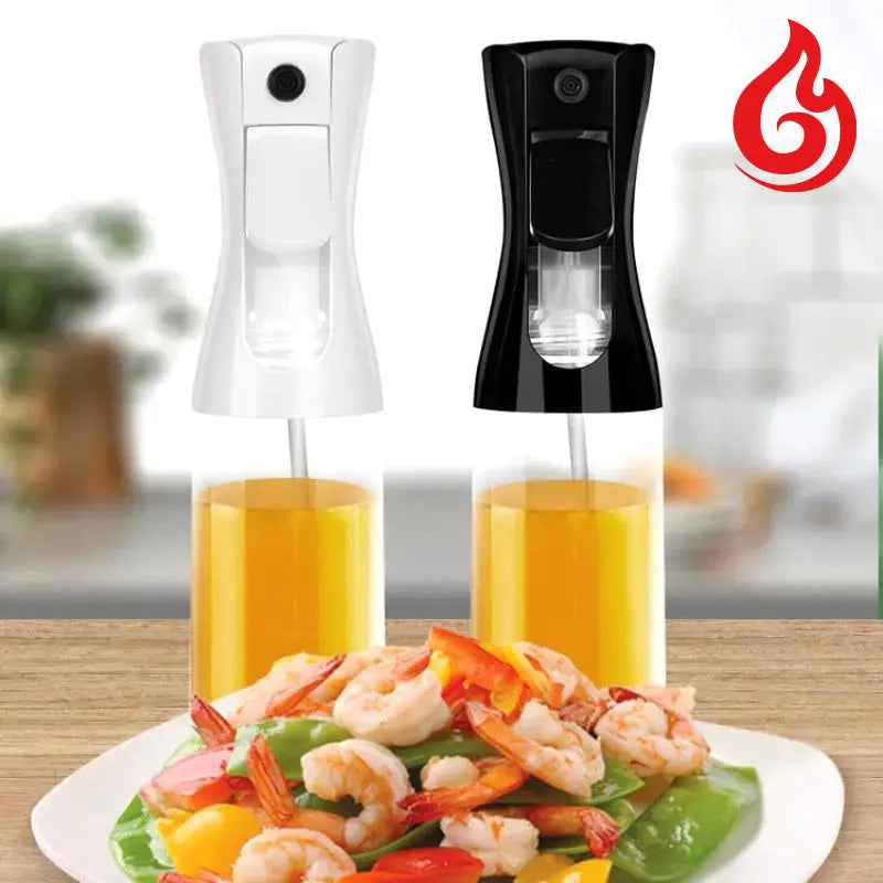 White and black Oil & Vinegar Spray Bottles filled with oil, placed on a wooden countertop with a shrimp and vegetable dish in the foreground. Perfect for precise seasoning.