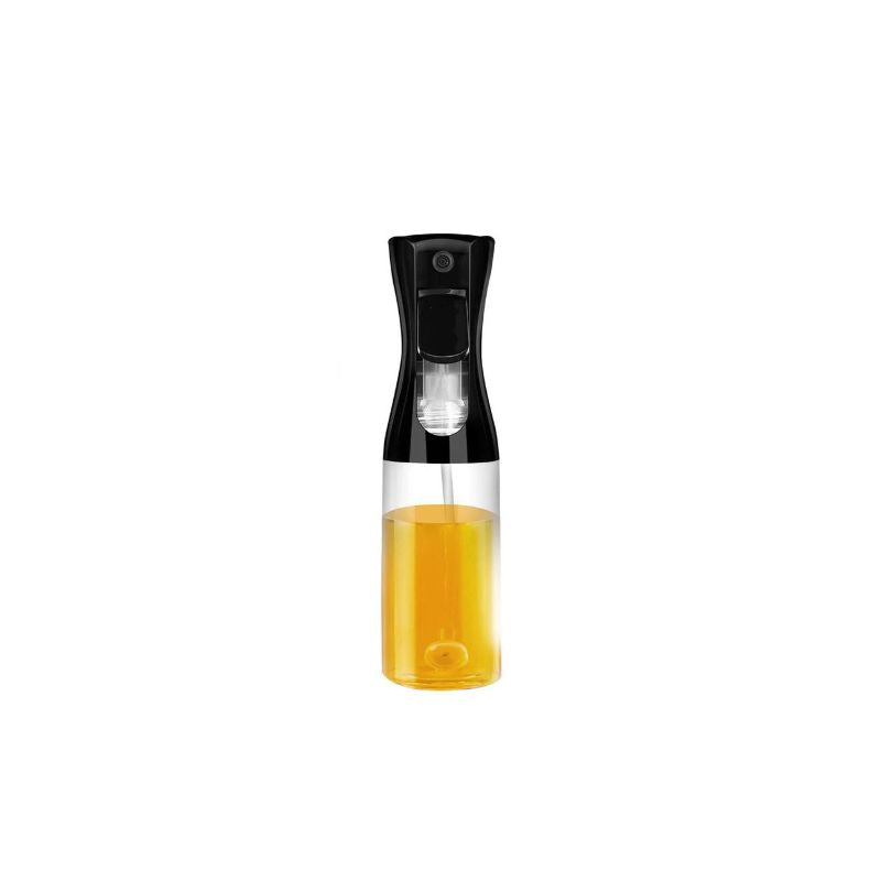 220ml glass oil spray bottle with a black plastic nozzle, filled with oil. Ideal for controlled dispensing of oil or vinegar in cooking and grilling.